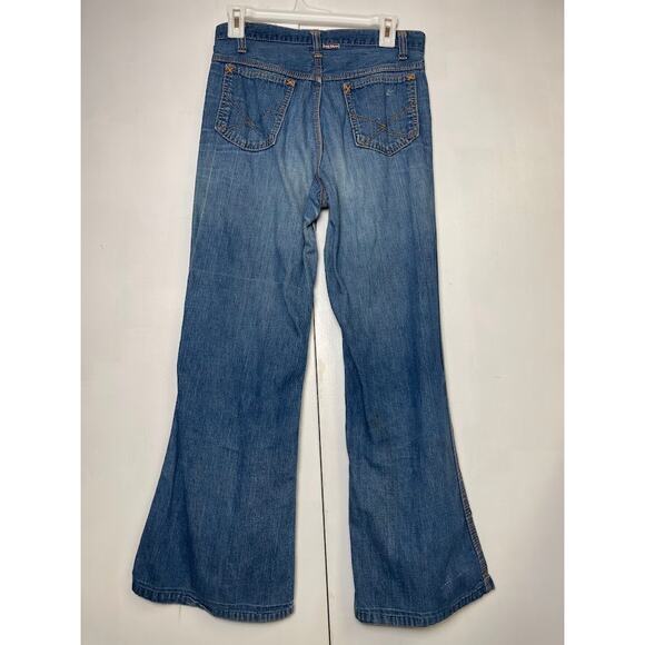Vintage Red Snap Flare Jeans 1970s High Waist Wide Leg Bell Bottom Jeans Size 6 - Picture 4 of 16